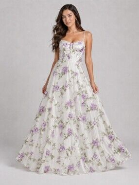 White Maxi Dress with Lavender Floral Print and Spaghetti Straps
